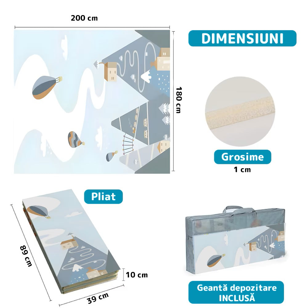 Covoras de Joaca pentru Copii Hozro®, 2 Fețe, Termic si Anti-derapant, Pliabil, Protectie la Impact, Model Munti si Padure, 200x180x1cm, Multicolor HOZRO