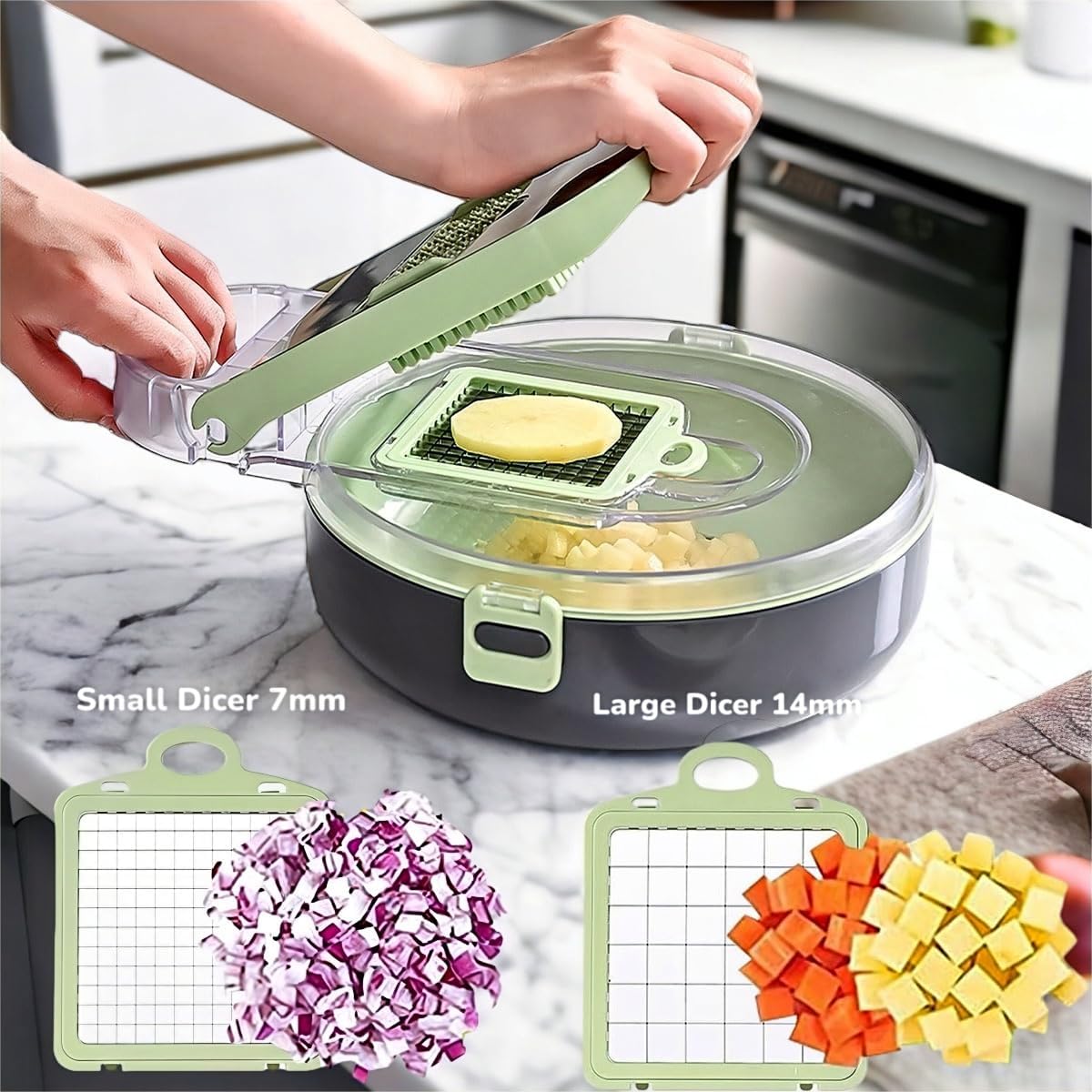 Razatoare mutifunctionala pentru legume si fructe, 8 lame diferite, recipient din plastic, fund anti-alunecare, 30x22x10 cm, gri/verde BESTSELLS