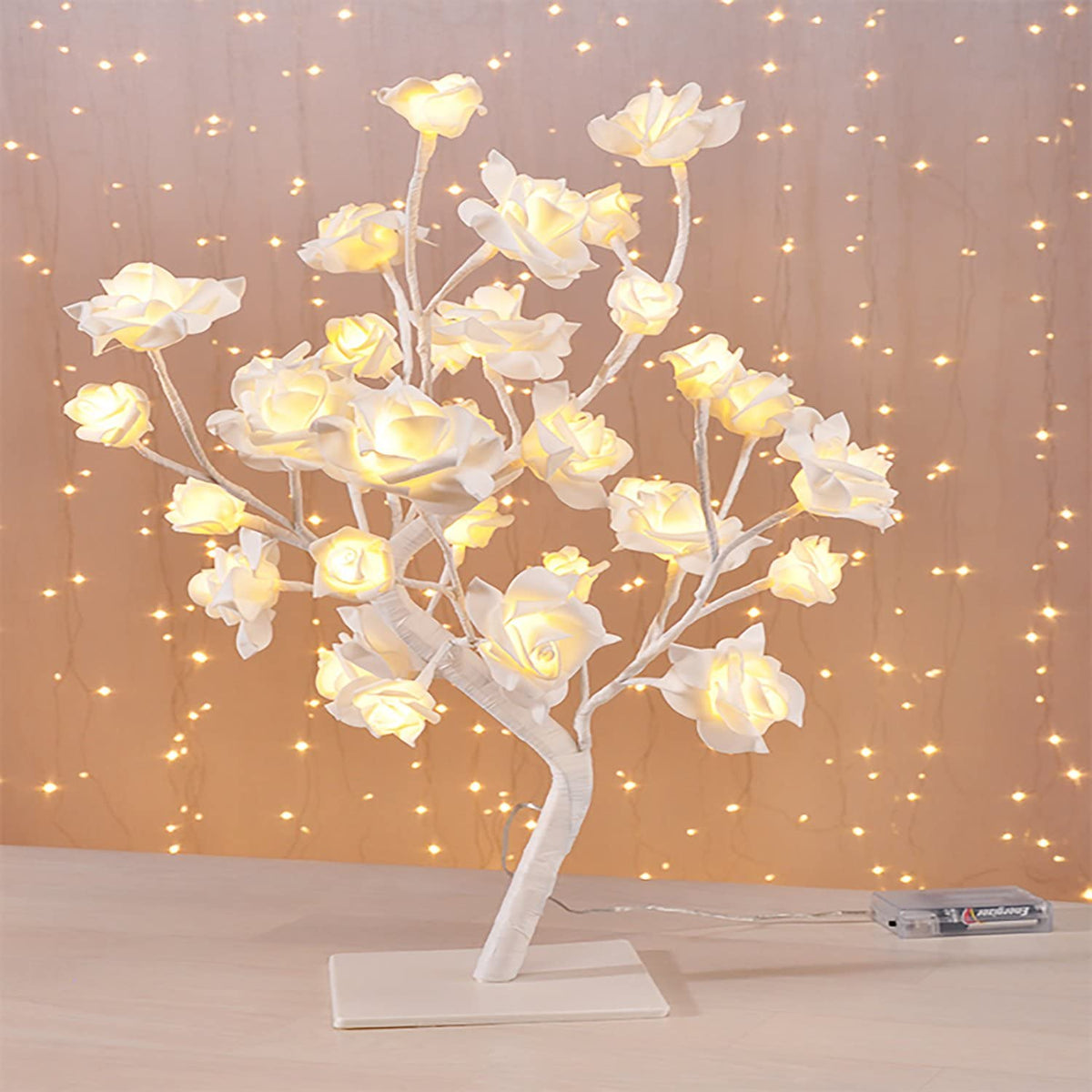 Pomisor decorativ de Craciun Hozro®, Veioza tip copacel cu Trandafiri, 36 LED-uri, Inaltime 40 cm, Alb HOZRO