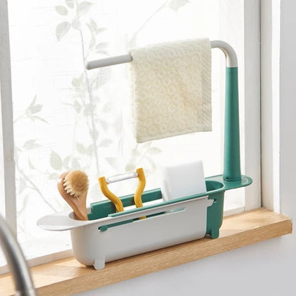 Suport multifunctional pentru burete si accesorii de curatenie vase de bucatarie, pentru chiuveta, telescopic, alb/diverse culori, ABS, 27X6X32-45 CM BESTSELLS