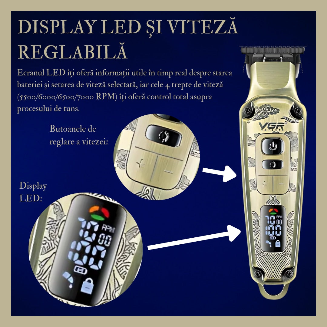 Aparat de tuns HOZRO VGR V901, profesional, cu 4 capete distantiere, functie de auto-testare, lame din ceramica, acumulator 1600 mAh lithium ion, incarcare USB, 5500-7000 RPM, display LED BESTSELLS