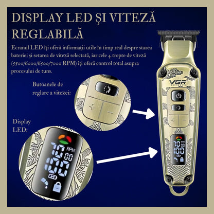Aparat de tuns HOZRO VGR V901, profesional, cu 4 capete distantiere, functie de auto-testare, lame din ceramica, acumulator 1600 mAh lithium ion, incarcare USB, 5500-7000 RPM, display LED BESTSELLS