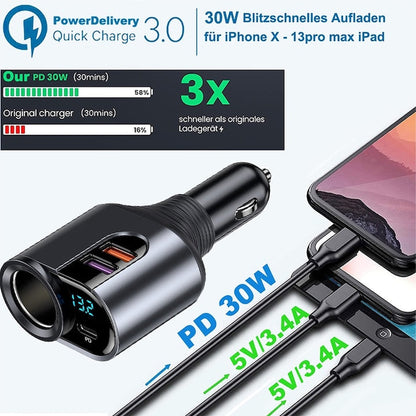 Încărcător auto rapid Hozro Ultra-Power 166W, adaptor splitter brichetă cu cap rotativ, port USB-C PD 20W, Dual USB 66W și voltmetru LED digital HOZRO