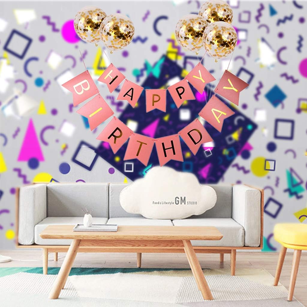 Set Banner Baloane cu text „Happy Birthday” Roz – Decor Festiv pentru Petreceri Aniversare, Evenimente, cu baloane cu confetii, Refolosibile, Ușor de Umflat și Montat HOZRO