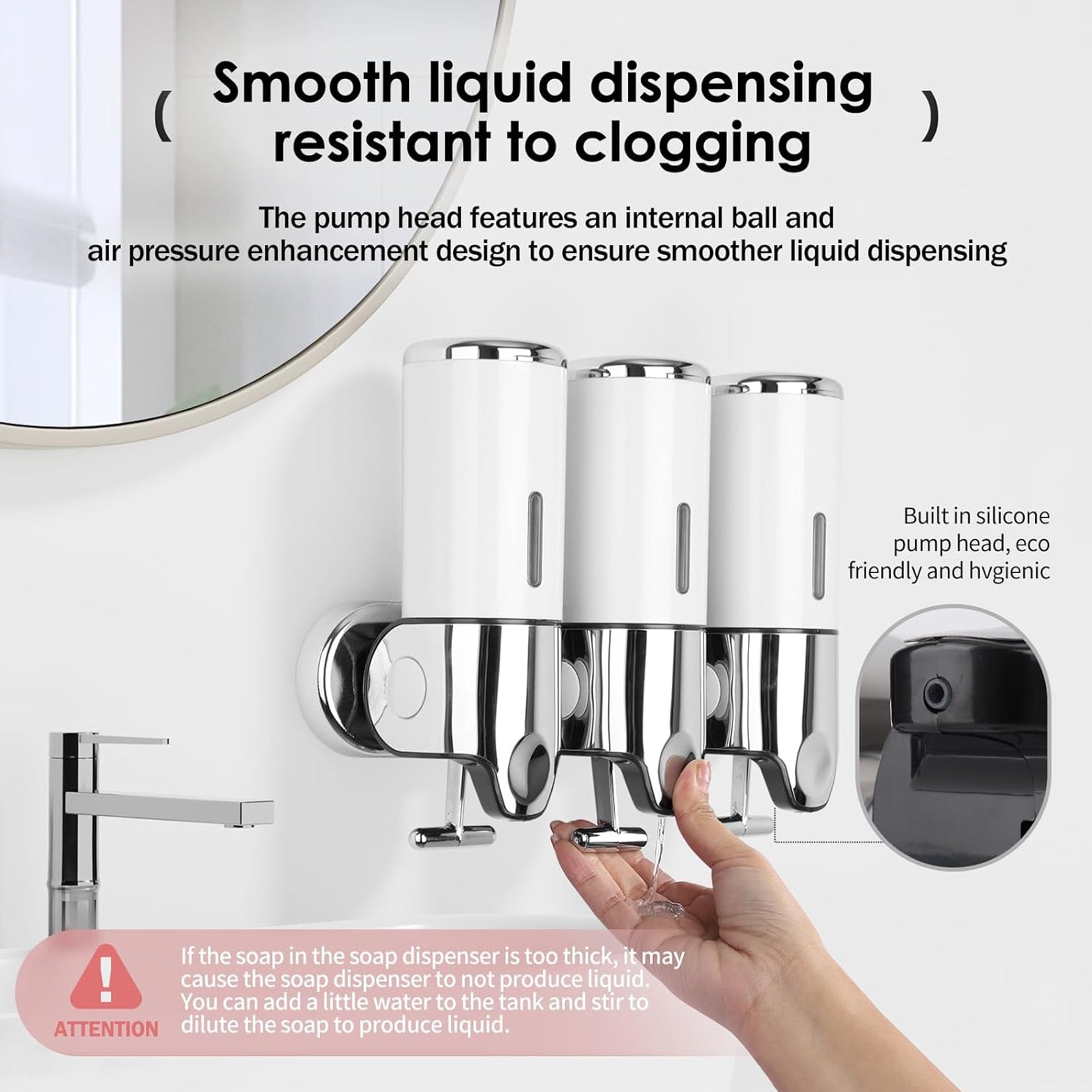 Dispenser de sapun HOZRO, montaj pe perete, set dispenser gel de dus, sampon, balsam, 3 in 1, capacitate 1500ml, ABS, pentru baie si bucatarie, hotel, alb/argintiu HOZRO