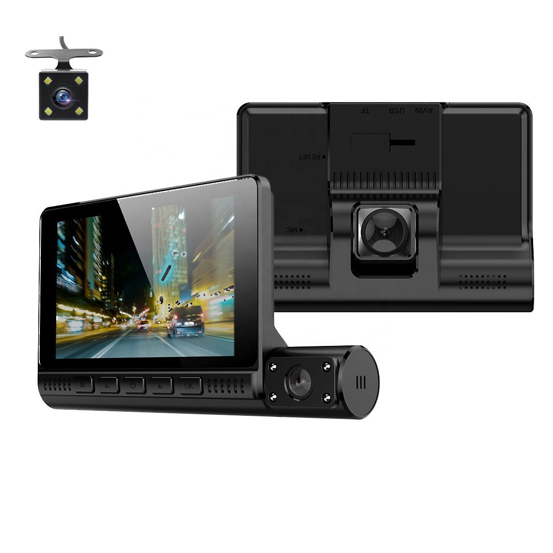 Camera auto tripla HOZRO®, Full HD 1080P, monitor 4inch TOUCHSCREEN, bord+habitaclu+spate, rezolutie ultra, 170 grade unghi extra-larg de filmare, senzor G, vedere nocturna, Functie Foto HOZRO
