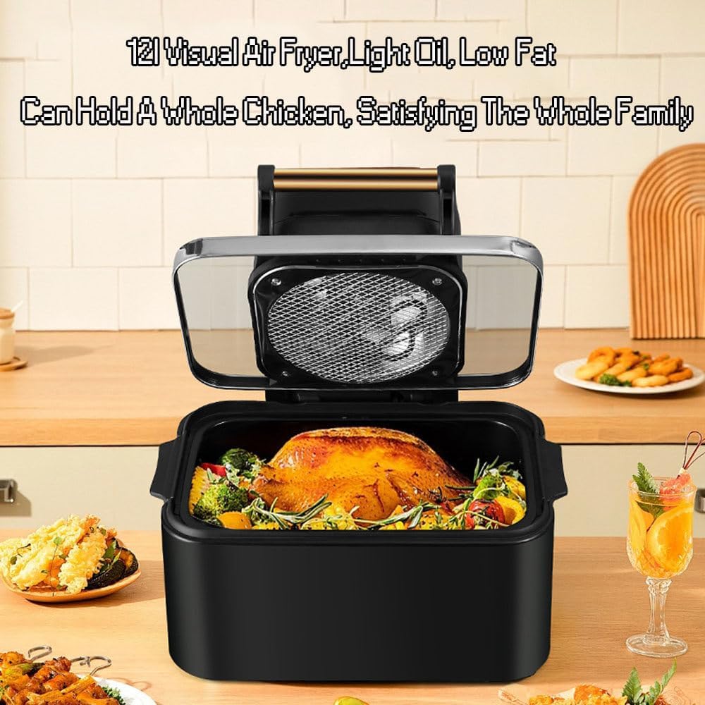Friteuza Airfryer cu aer cald HOZRO, Putere 2500W, capacitate mare 12L, multifunctional pentru cartofi prajiti, carne, coacere si altele, 11 programe, display LCD, Negru-Auriu BESTSELLS