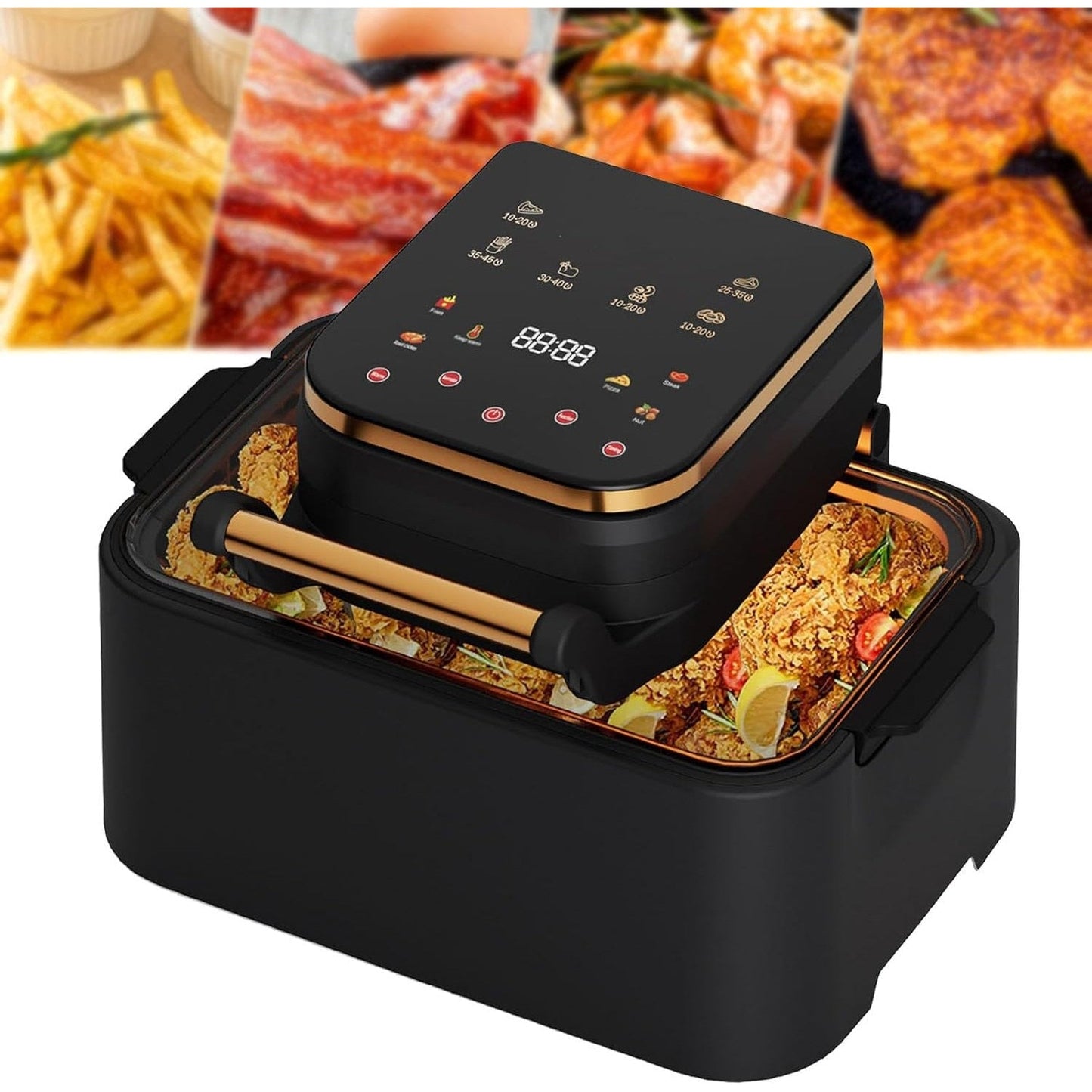 Friteuza Airfryer cu aer cald HOZRO, Putere 2500W, capacitate mare 12L, multifunctional pentru cartofi prajiti, carne, coacere si altele, 11 programe, display LCD, Negru-Auriu BESTSELLS