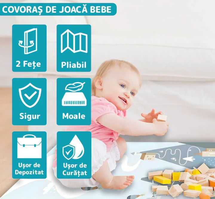 Covoras de Joaca pentru Copii Hozro®, 2 Fețe, Termic si Anti-derapant, Pliabil, Protectie la Impact, Model Munti si Padure, 200x180x1cm, Multicolor HOZRO