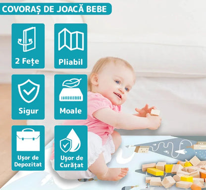Covoras de Joaca pentru Copii Hozro®, 2 Fețe, Termic si Anti-derapant, Pliabil, Protectie la Impact, Model Munti si Padure, 200x180x1cm, Multicolor HOZRO
