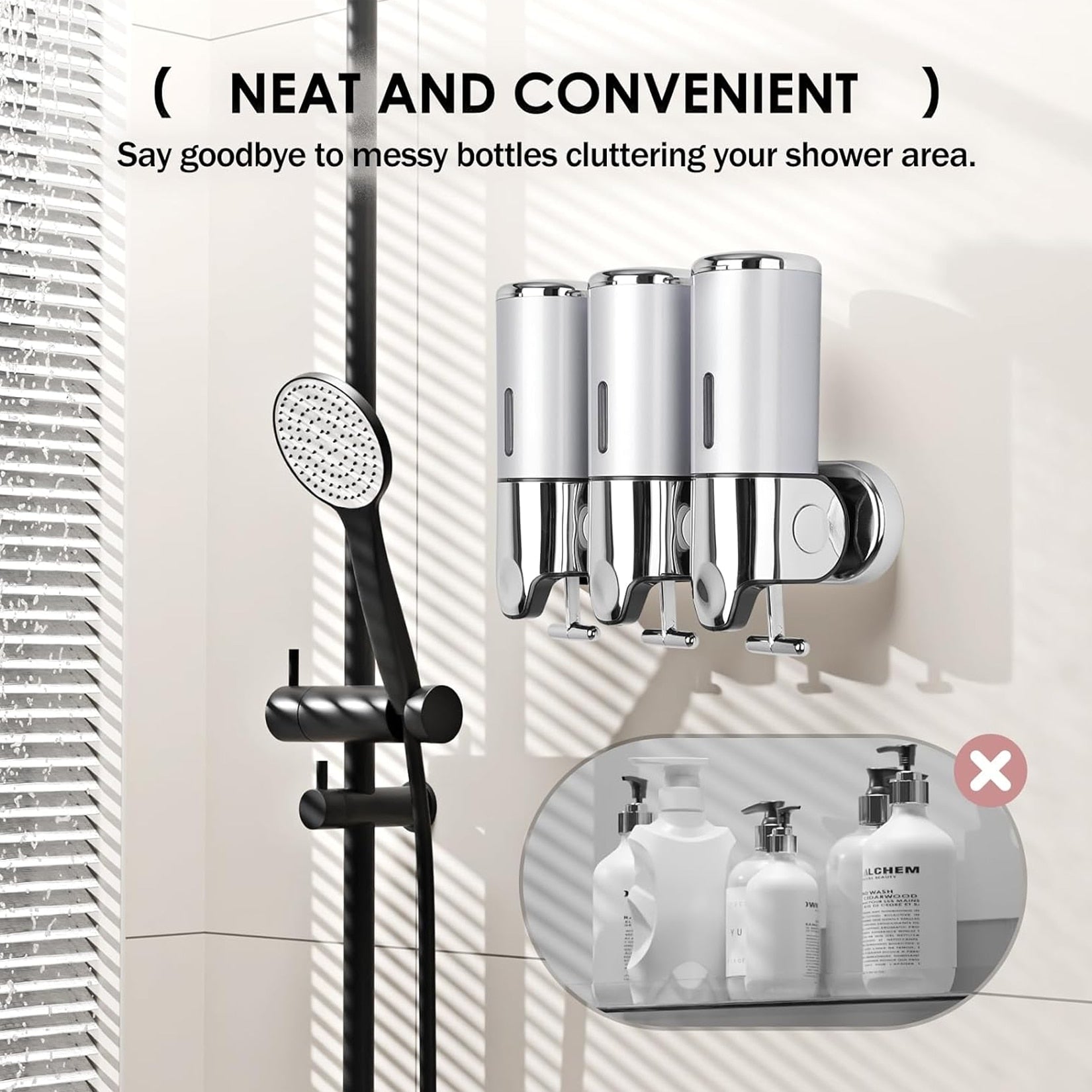 Dispenser de sapun HOZRO, montaj pe perete, set dispenser gel de dus, sampon, balsam, 3 in 1, capacitate 1500ml, ABS, pentru baie si bucatarie, hotel, alb/argintiu HOZRO