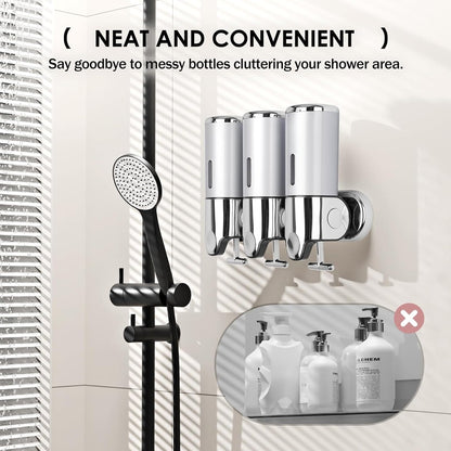 Dispenser de sapun HOZRO, montaj pe perete, set dispenser gel de dus, sampon, balsam, 3 in 1, capacitate 1500ml, ABS, pentru baie si bucatarie, hotel, alb/argintiu HOZRO