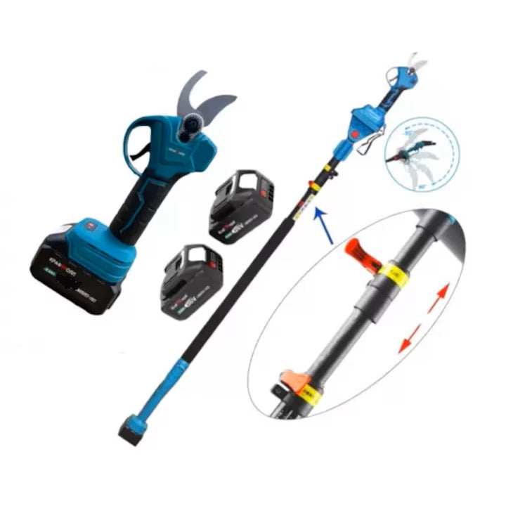 Foarfeca Electrica portabila cu prelungitor de Gradinarit, HOZRO, cu 2 Baterii Reincarcabile, Set Complet cu Cheie, Imbus, prelungitor 2,1m, Taiere Reglabila 15–30mm HOZRO