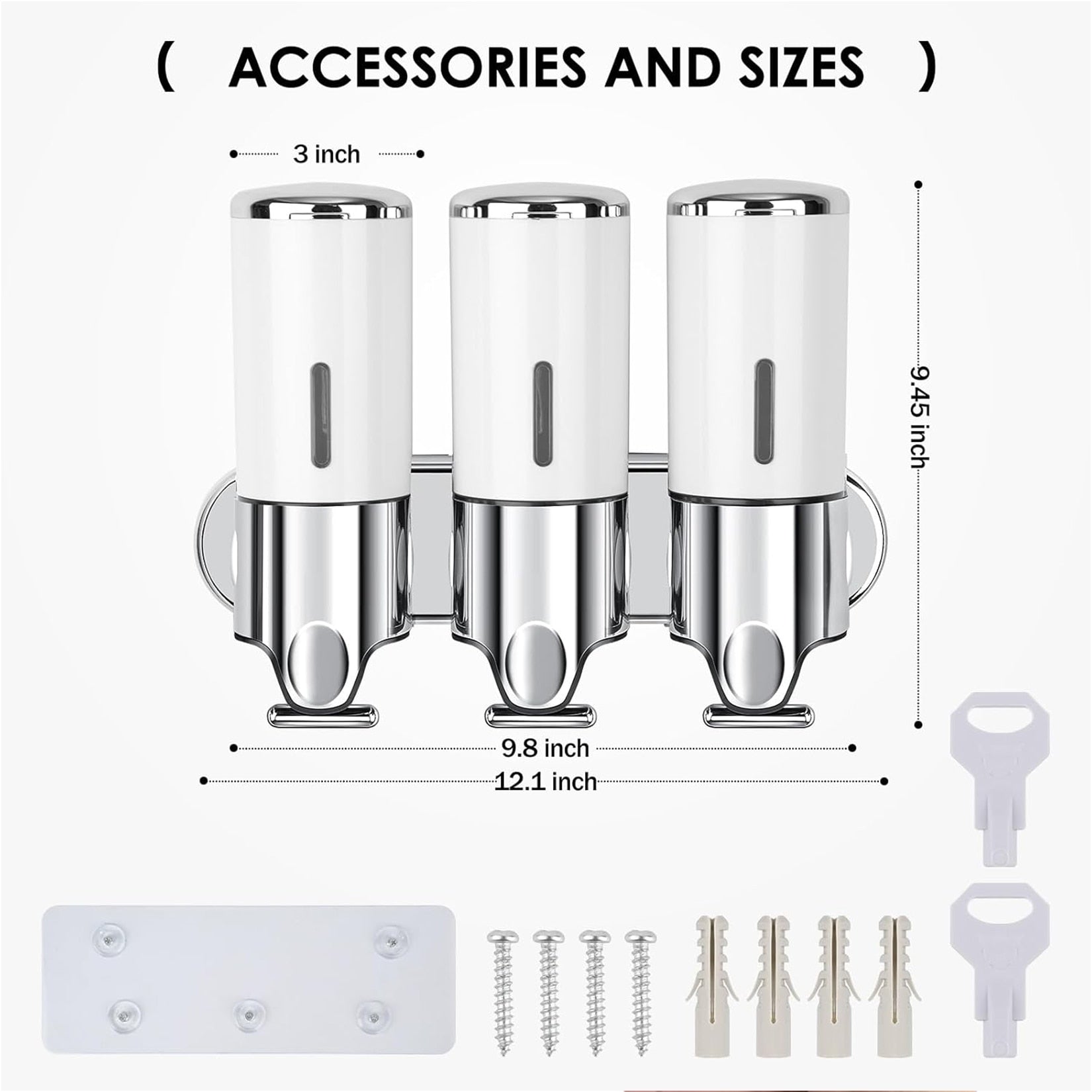 Dispenser de sapun HOZRO, montaj pe perete, set dispenser gel de dus, sampon, balsam, 3 in 1, capacitate 1500ml, ABS, pentru baie si bucatarie, hotel, alb/argintiu HOZRO