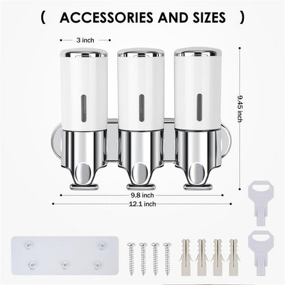 Dispenser de sapun HOZRO, montaj pe perete, set dispenser gel de dus, sampon, balsam, 3 in 1, capacitate 1500ml, ABS, pentru baie si bucatarie, hotel, alb/argintiu HOZRO