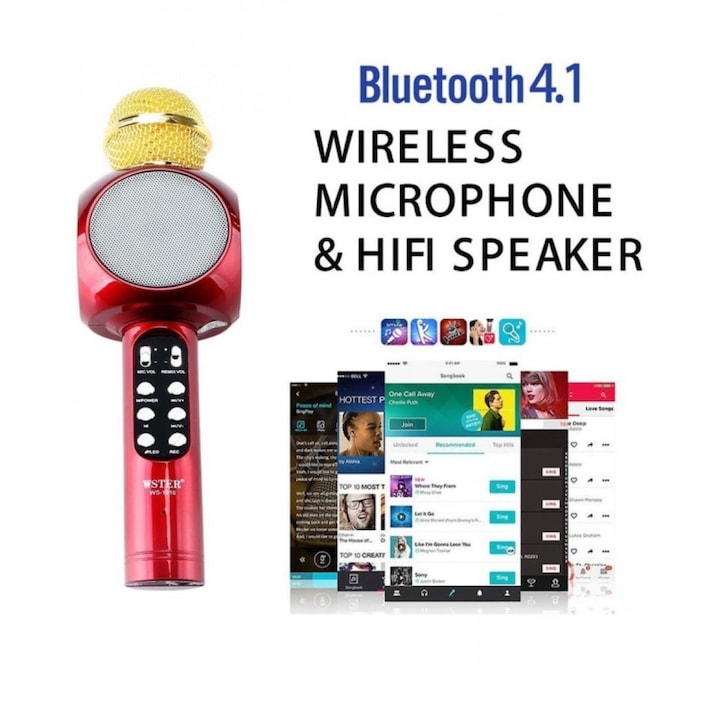 Microfon karaoke Disco LED WS1816-Hozro, fara fir, cu Radio si Recorder, wireless sistem, profesional cu boxe si Bluetooth 4.1 M1 HOZRO