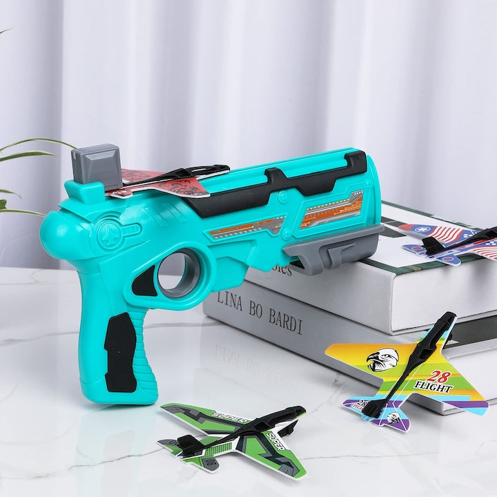 Pistol de Jucarie HOZRO, Lansator de Avioane, cu 4 Avioane din Carton pentru Copii, Sistem ATS, Albastru HOZRO