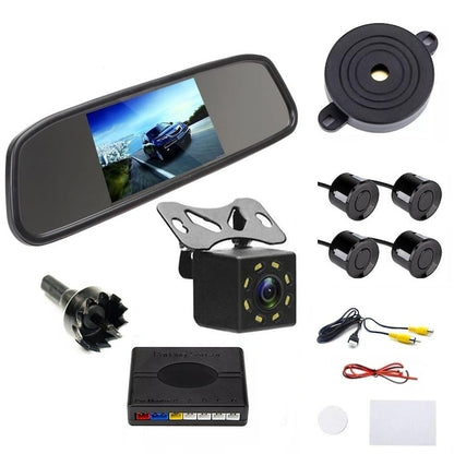 Sistem de Asistență la Parcare HOZRO, Monitor LCD 4.3" integrat în Oglindă Retrovizoare (800x480), Cameră Marșarier Mini IP68 unghi 170°, 4 Senzori Ultrasonici, Linii de Ghidaj, Avertizare Sonoră (Buzzer), Activare Automată, 12V HOZRO