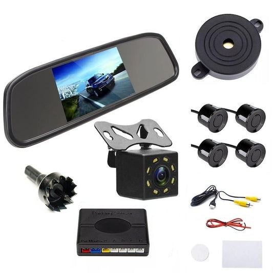 Sistem de Asistență la Parcare HOZRO, Monitor LCD 4.3" integrat în Oglindă Retrovizoare (800x480), Cameră Marșarier Mini IP68 unghi 170°, 4 Senzori Ultrasonici, Linii de Ghidaj, Avertizare Sonoră (Buzzer), Activare Automată, 12V HOZRO
