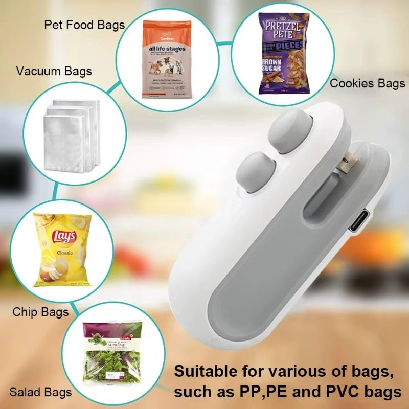 Mini Aparat de Sigilat si Taiat Pungi HOZRO, Portabil, Reincarcabil USB, cu Magnet si Cutit Integrat, Ideal pentru Pungi de Gustari si Alimente, Alb BESTSELLS
