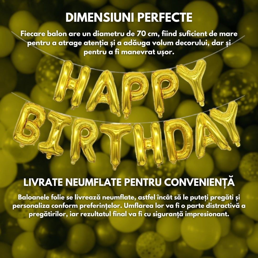 Set Baloane Folie „Happy Birthday”, 43 cm – Decor Elegant pentru Petreceri Aniversare, Evenimente, Fete, Femei, Fetițe, cu Litere Mari, Refolosibile, Ușor de Umflat și Montat (Copy) HOZRO