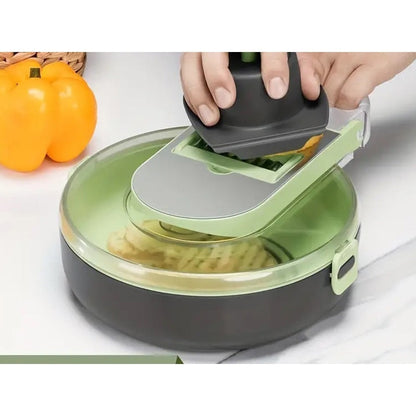 Razatoare mutifunctionala pentru legume si fructe, 8 lame diferite, recipient din plastic, fund anti-alunecare, 30x22x10 cm, gri/verde BESTSELLS