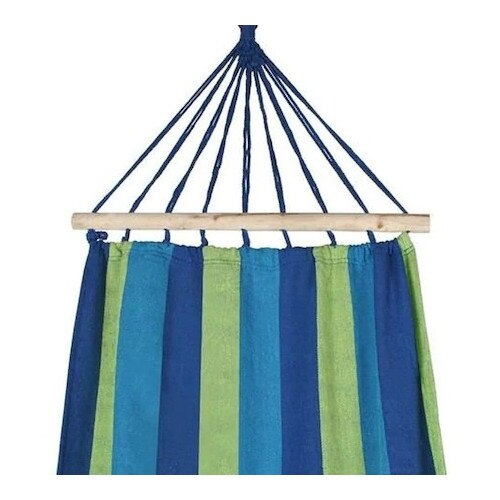 Hamac HOZRO de o persoana, 80 x 200 cm, din bumbac dens, husa depozitare, maxim 150 kg, multicolor, baza lemn, albastru BESTSELLS