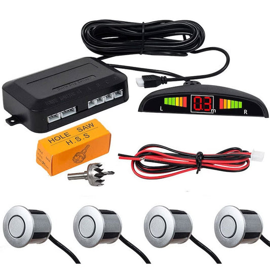 Senzori de Parcare Hozro cu 4 Receptori Gri și Display LED, cu Avertizare Sonoră – Parchează în Siguranță! HOZRO
