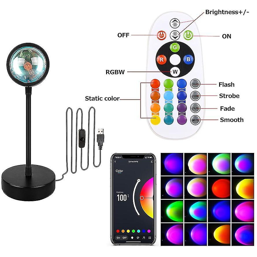 Lampa ambientala RGB, HOZRO, efecte de lumini, control prin aplicatie telefon, telecomanda, proiecteaza Apus de Soare, cap rotativ 360°, Negru BESTSELLS