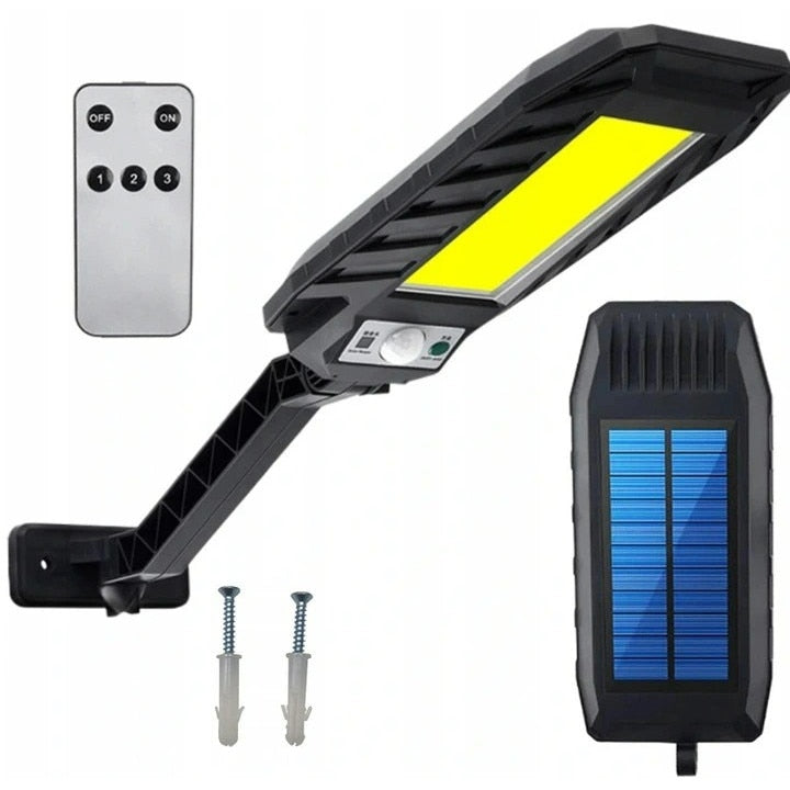 Lampă stradala solara T-100B HOZRO, senzor de miscare, rezistenta la apa, Negru, buton ON/OFF, telecomanda inclusa, cu Senzor de Mișcare – Montare pe Perete, Iluminat Exterior Puternic și Eficient HOZRO