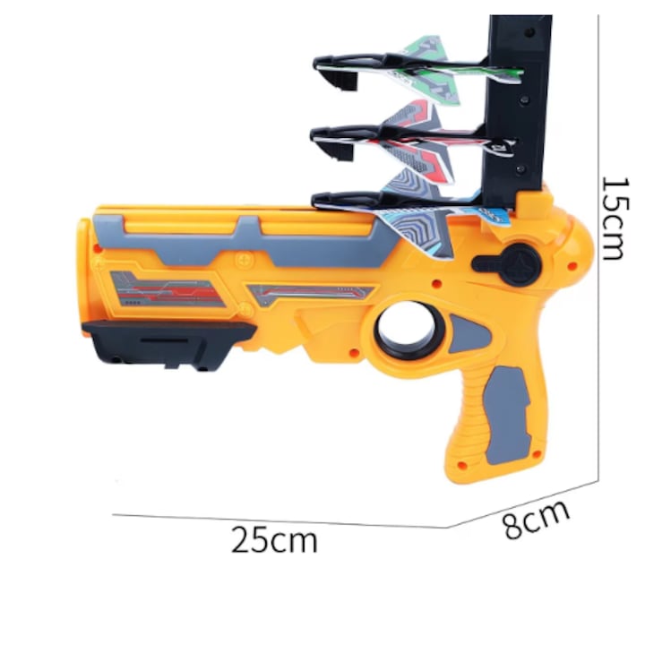 Pistol de Jucarie HOZRO, Lansator de Avioane, cu 4 Avioane din Carton pentru Copii, Sistem ATS, Galben HOZRO