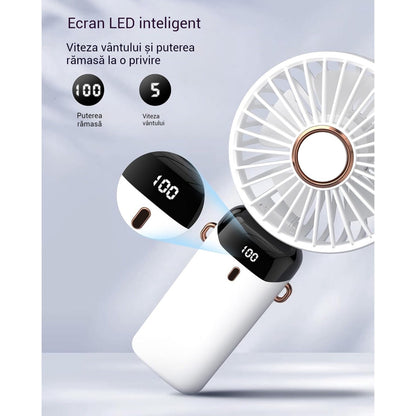 🎁 1+1 GRATIS – Ventilator Portabil HOZRO, 4 în 1 cu Aromaterapie 💨 De Mână, Birou, Gât, LCD, USB, 12h Autonomie, 4000 mAh HOZRO