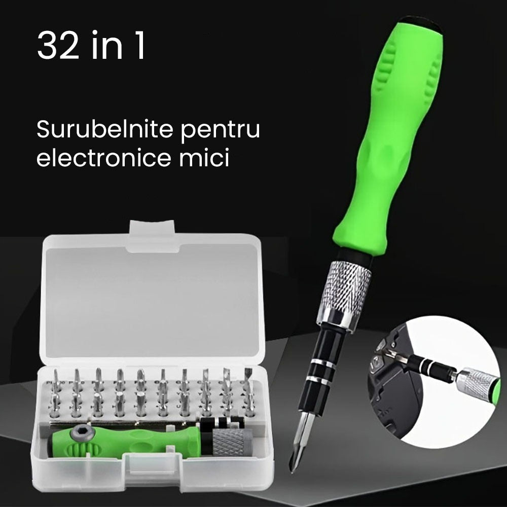 Setul șurubelnite 32-in-1 cu clichet Hozro la preț avantajos. Include 30 de biți cromați și tijă de extensie. Ideal pentru reparații telefoane și laptopuri. HOZRO
