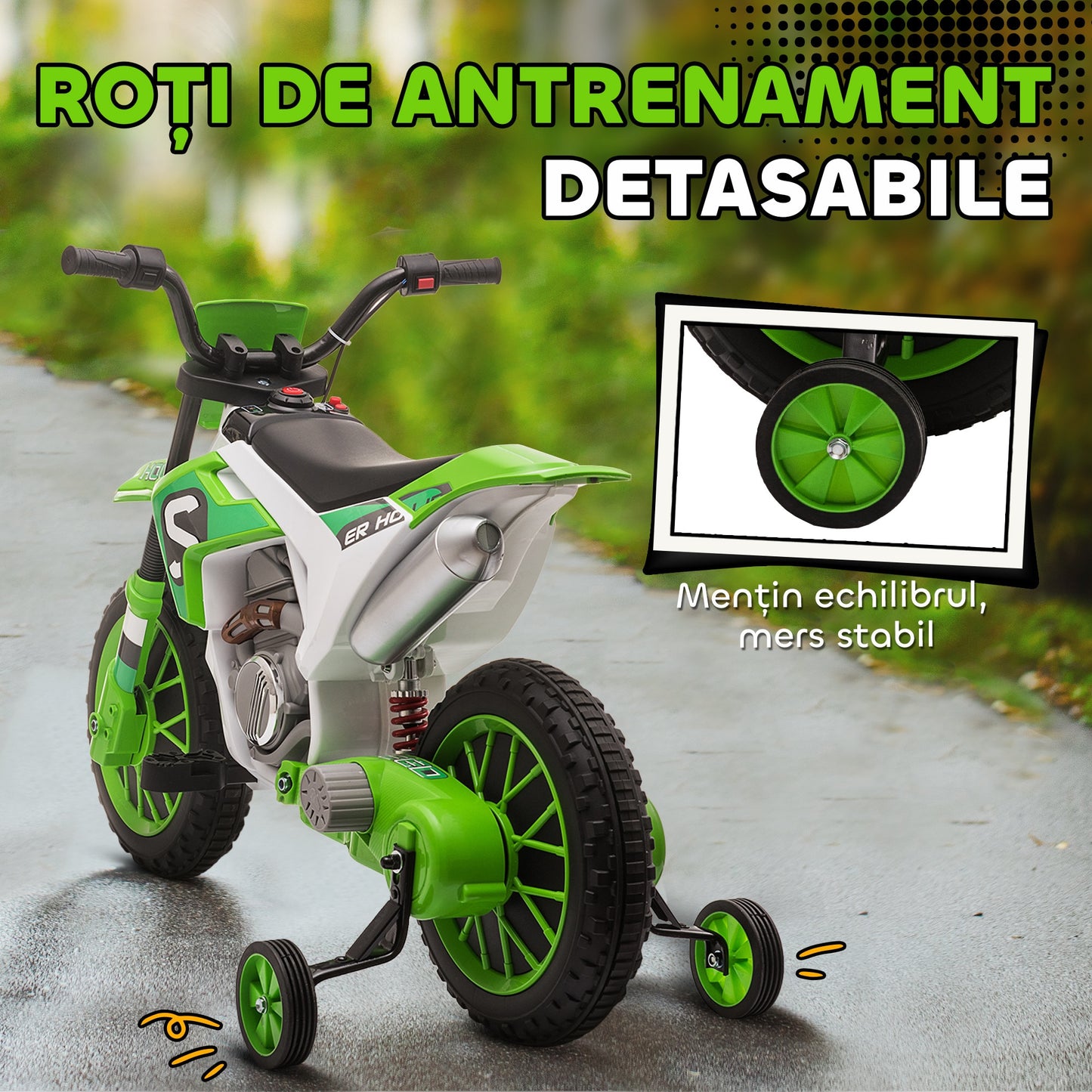 🏍️ Motocicletă Cross Electrică Hozro pentru Copii (3-5 ani), Amortizoare, Verde