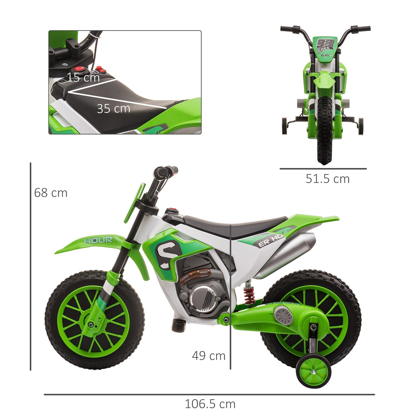 🏍️ Motocicletă Cross Electrică Hozro pentru Copii (3-5 ani), Amortizoare, Verde