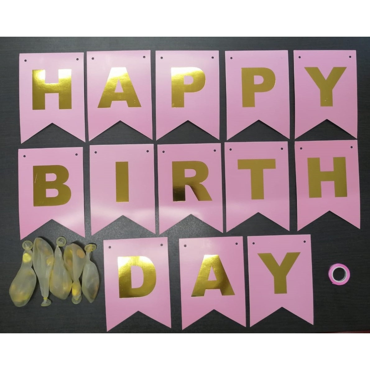 Set Banner Baloane cu text „Happy Birthday” Roz – Decor Festiv pentru Petreceri Aniversare, Evenimente, cu baloane cu confetii, Refolosibile, Ușor de Umflat și Montat HOZRO