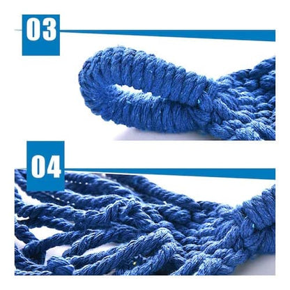 Hamac HOZRO de o persoana, 80 x 200 cm, din bumbac dens, husa depozitare, maxim 150 kg, multicolor, baza lemn, albastru BESTSELLS