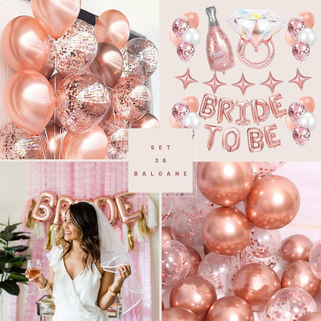 Set 36 baloane nunta, Bride to be HOZRO, Latex/Folie aluminiu, Rose Gold, Accesorii Elegante pentru Petrecerea Burlăcițelor, Nuntă sau Evenimente Tematice, Material Rezistent și Lucios HOZRO