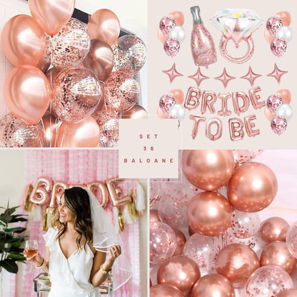 Set 36 baloane nunta, Bride to be HOZRO, Latex/Folie aluminiu, Rose Gold, Accesorii Elegante pentru Petrecerea Burlăcițelor, Nuntă sau Evenimente Tematice, Material Rezistent și Lucios HOZRO