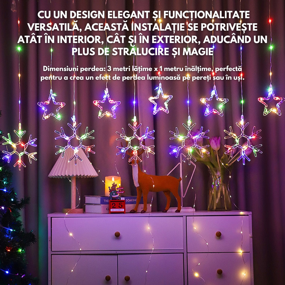 ❄️ Instalație Perdea Luminoasă HOZRO – Fulgi de Nea si Stele, Multicoloră HOZRO
