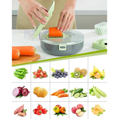 Razatoare mutifunctionala pentru legume si fructe, 8 lame diferite, recipient din plastic, fund anti-alunecare, 30x22x10 cm, gri/verde BESTSELLS