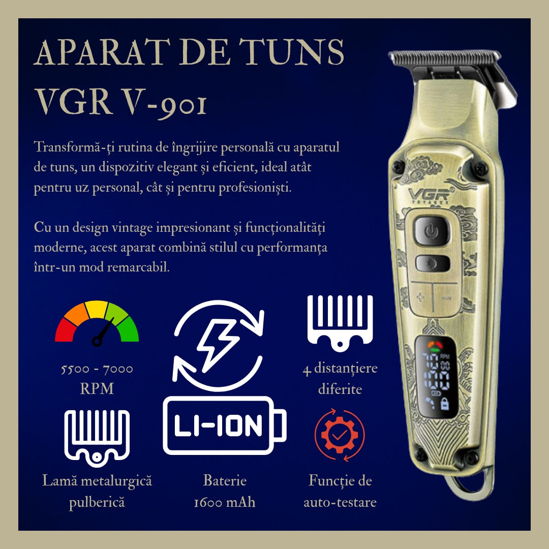 Aparat de tuns HOZRO VGR V901, profesional, cu 4 capete distantiere, functie de auto-testare, lame din ceramica, acumulator 1600 mAh lithium ion, incarcare USB, 5500-7000 RPM, display LED BESTSELLS