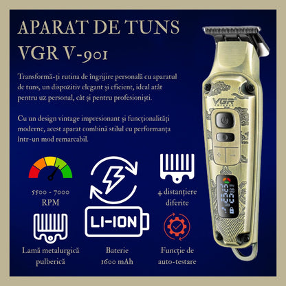 Aparat de tuns HOZRO VGR V901, profesional, cu 4 capete distantiere, functie de auto-testare, lame din ceramica, acumulator 1600 mAh lithium ion, incarcare USB, 5500-7000 RPM, display LED BESTSELLS