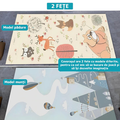 Covoras de Joaca pentru Copii Hozro®, 2 Fețe, Termic si Anti-derapant, Pliabil, Protectie la Impact, Model Munti si Padure, 200x180x1cm, Multicolor HOZRO