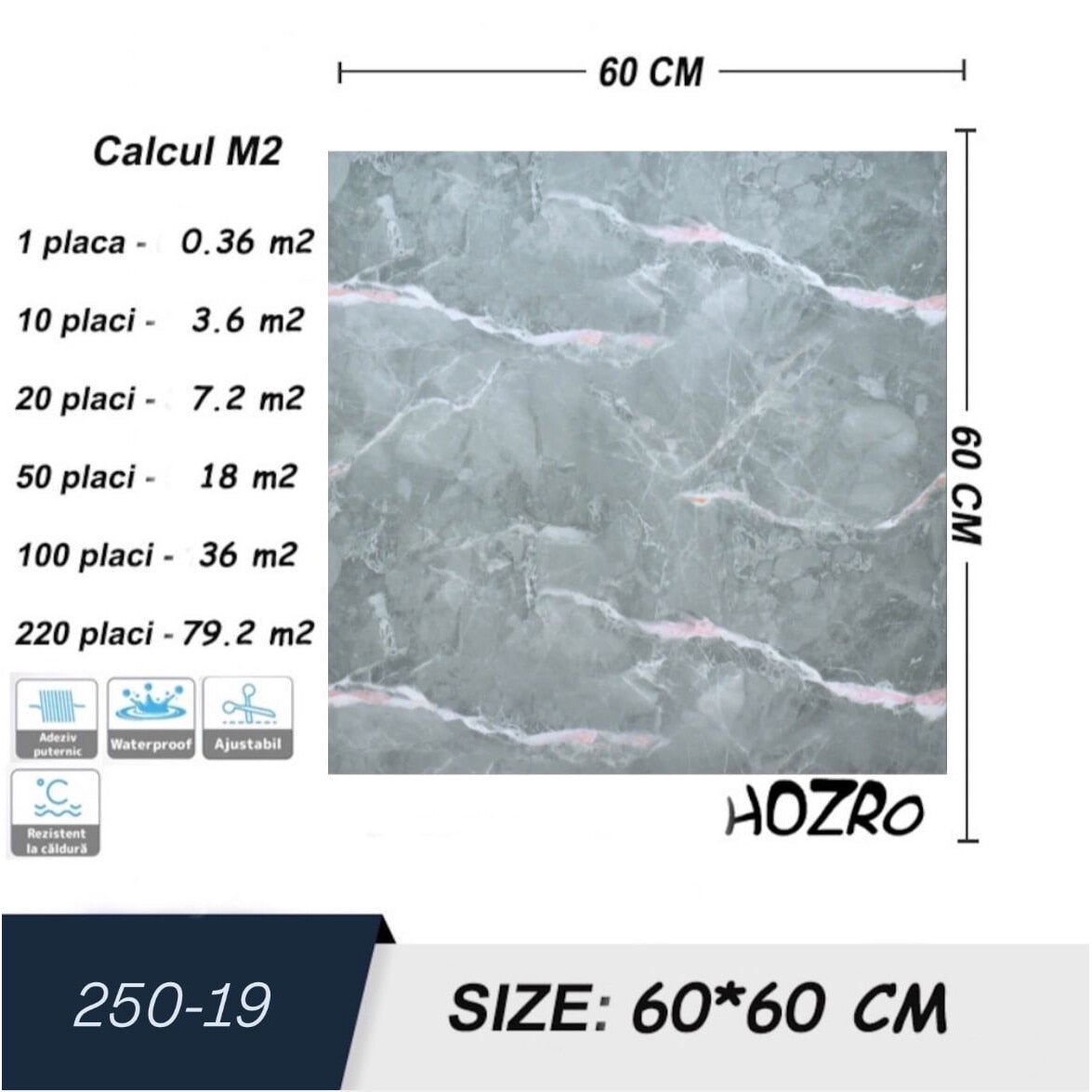 Set placi Hozro, Tapet imitatie Marmura decorativa autoadezive, pentru pereti, model abstract, 60x60 cm, 250-19, grosime 2mm BESTSELLS