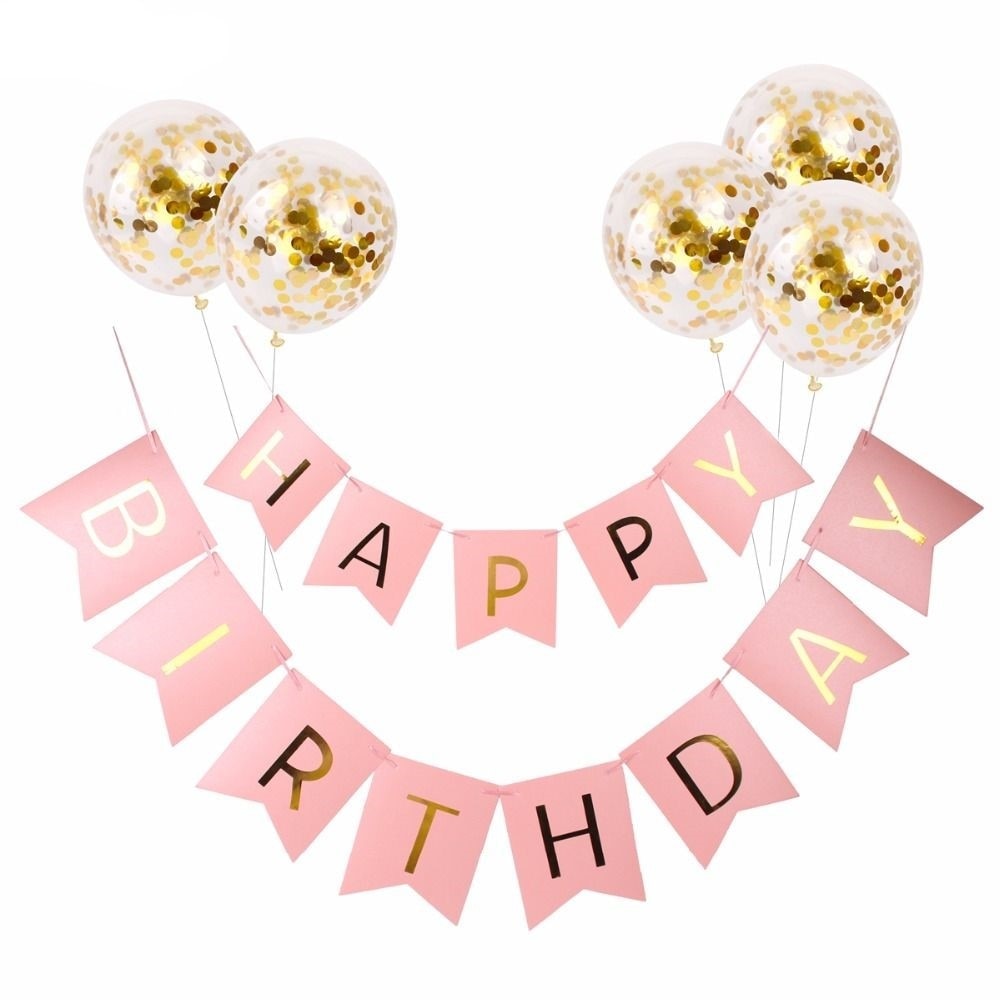 Set Banner Baloane cu text „Happy Birthday” Roz – Decor Festiv pentru Petreceri Aniversare, Evenimente, cu baloane cu confetii, Refolosibile, Ușor de Umflat și Montat HOZRO