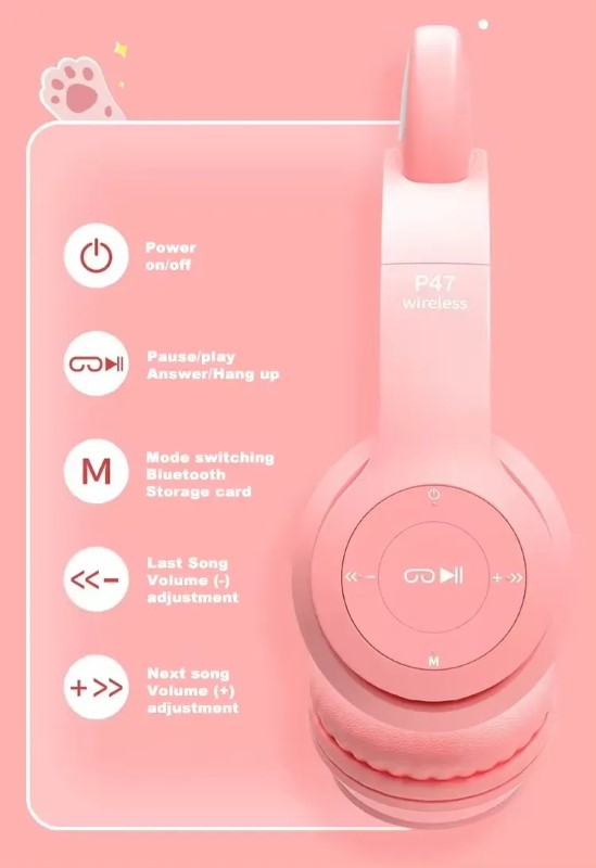 Casti pentru copii Bluetooth, cu urechi de pisica, limitare a volumului de 88 dB si lumina LED, Roz BESTSELLS