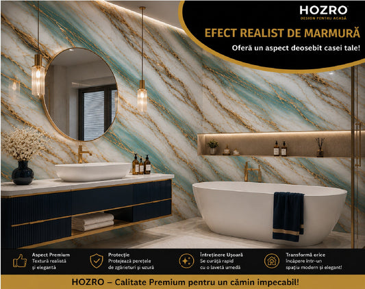 Tapet Autocolant Premium 3D HOZRO – Aspect de Marmură Verde/Gold, 3 x 1.2 m (3.6 mp)- 605-4 HOZRO