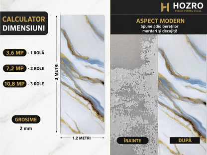 Rola Tapet Autocolant Premium 3D HOZRO – Aspect de Marmură Albastru Deschis/Gold, 3 x 1.2 m (3.6 mp)- 605-6 HOZRO