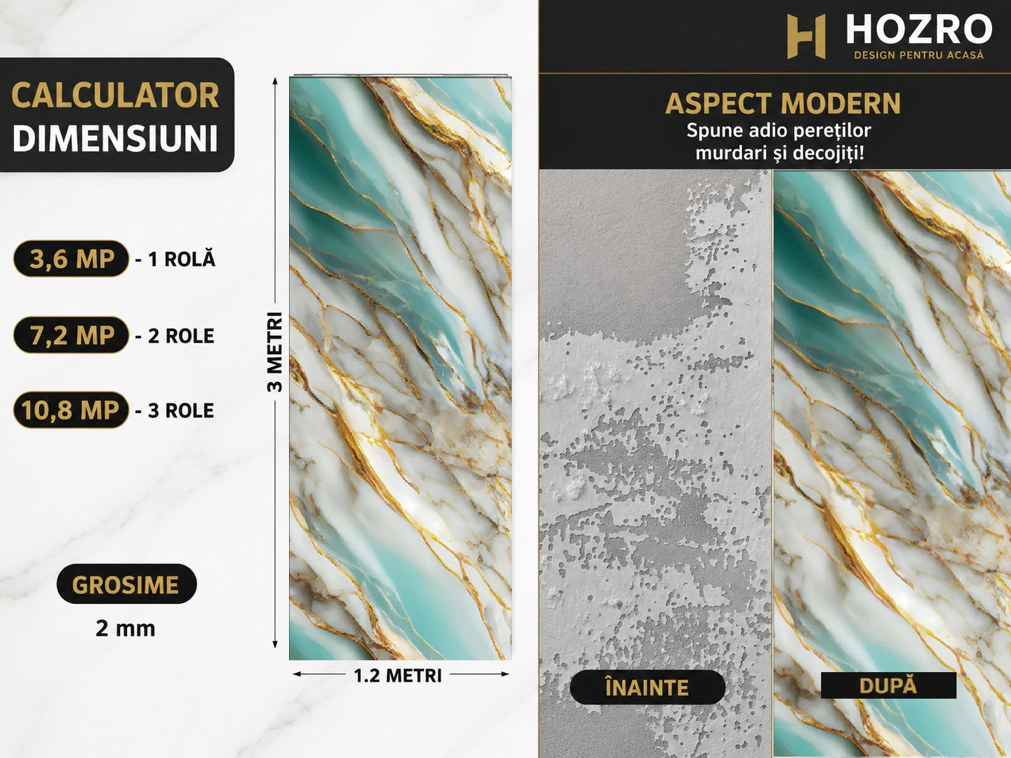 Tapet Autocolant Premium 3D HOZRO – Aspect de Marmură Verde/Gold, 3 x 1.2 m (3.6 mp)- 605-4 HOZRO
